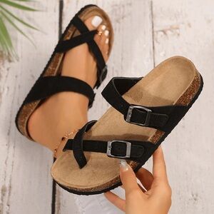 New. Women’s Black Cork Footbed Sandals Toe Loop Buckle Comfort Summer Shoes